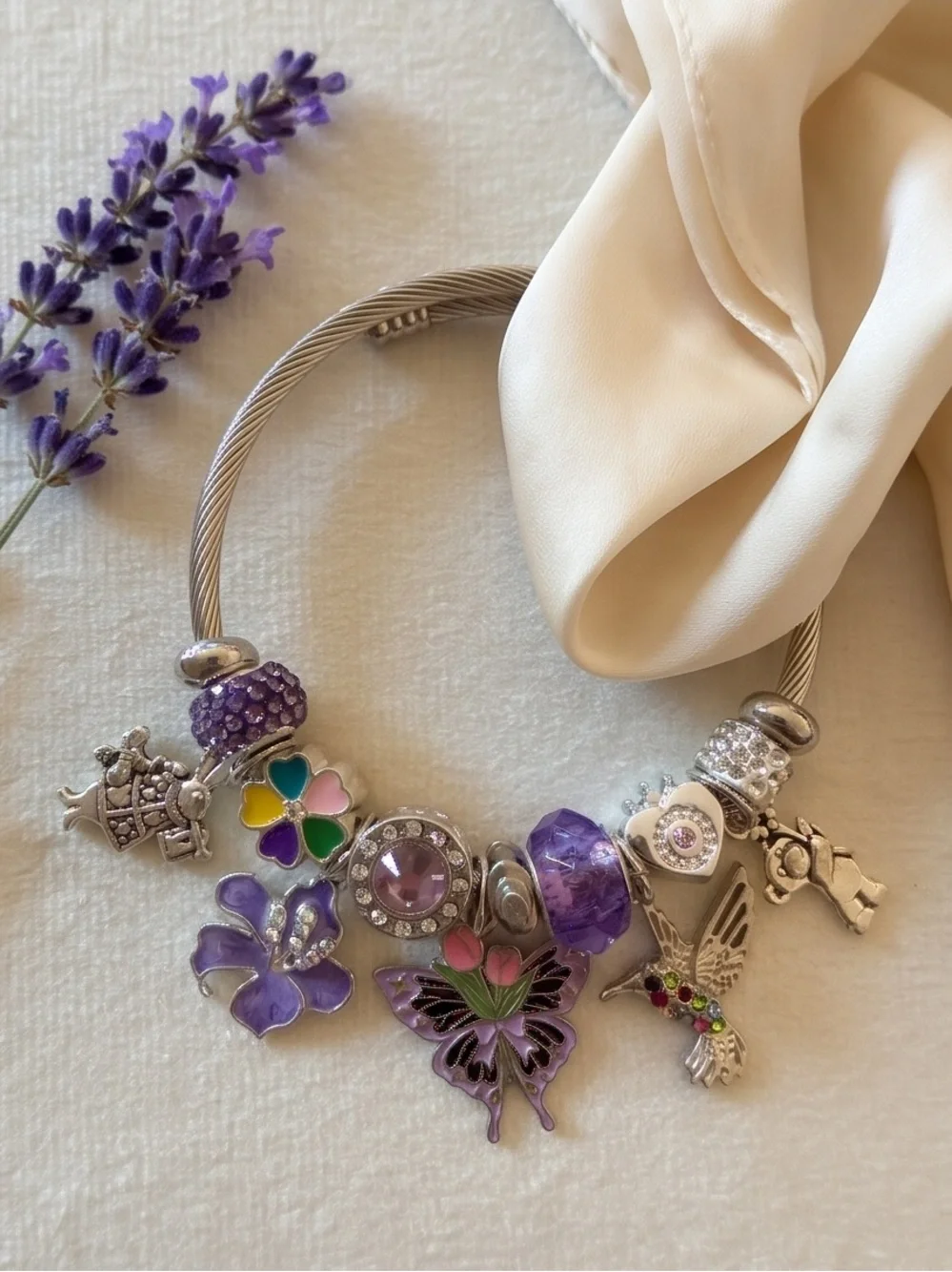 Silver Butterfly Charm Bracelet with Purple Crystal Bead